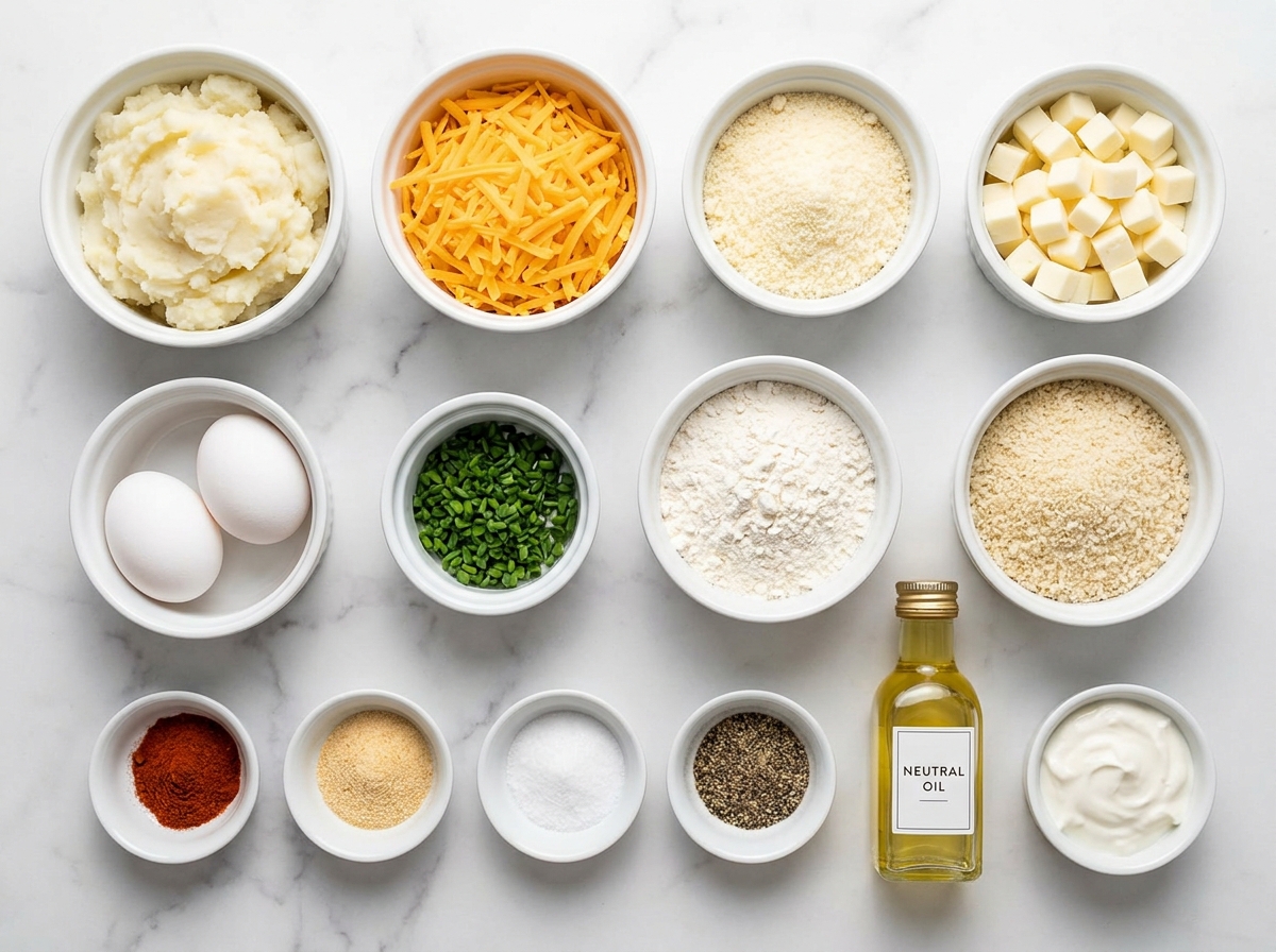 Ingredients for mashed potato cheese puffs with panko and cheddar