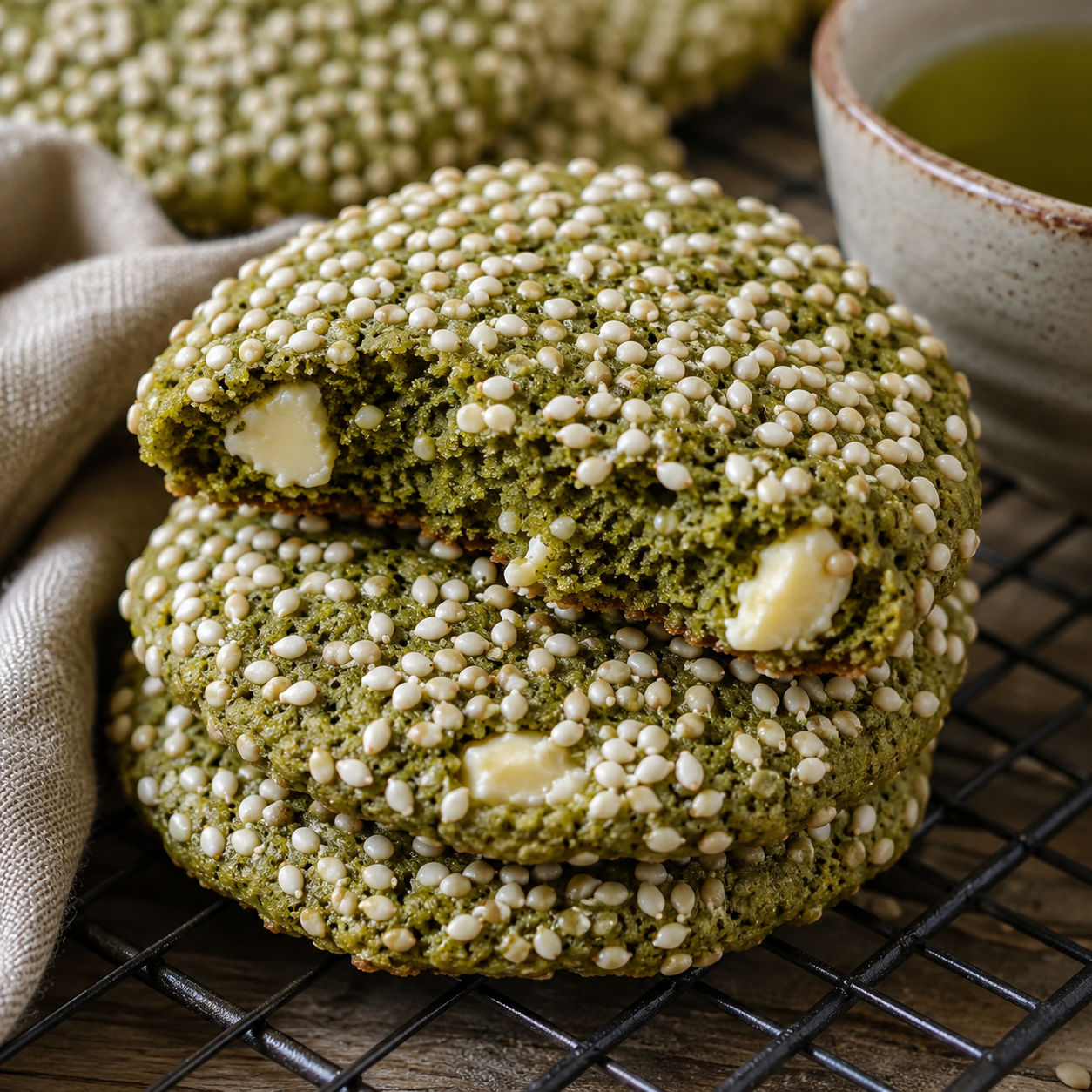 Matcha sesame cookies with white chocolate chunks on a cooling rack
