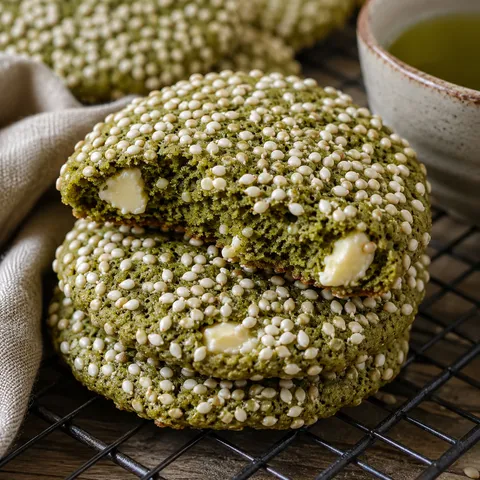 Matcha sesame cookies with white chocolate chunks on a cooling rack