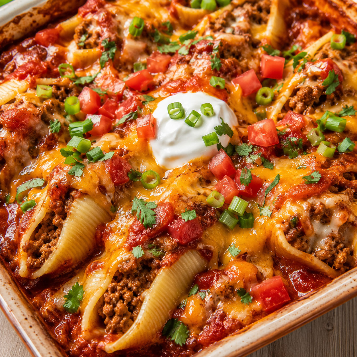 Mexican stuffed shells with melted cheese, salsa, green onion, and sour cream