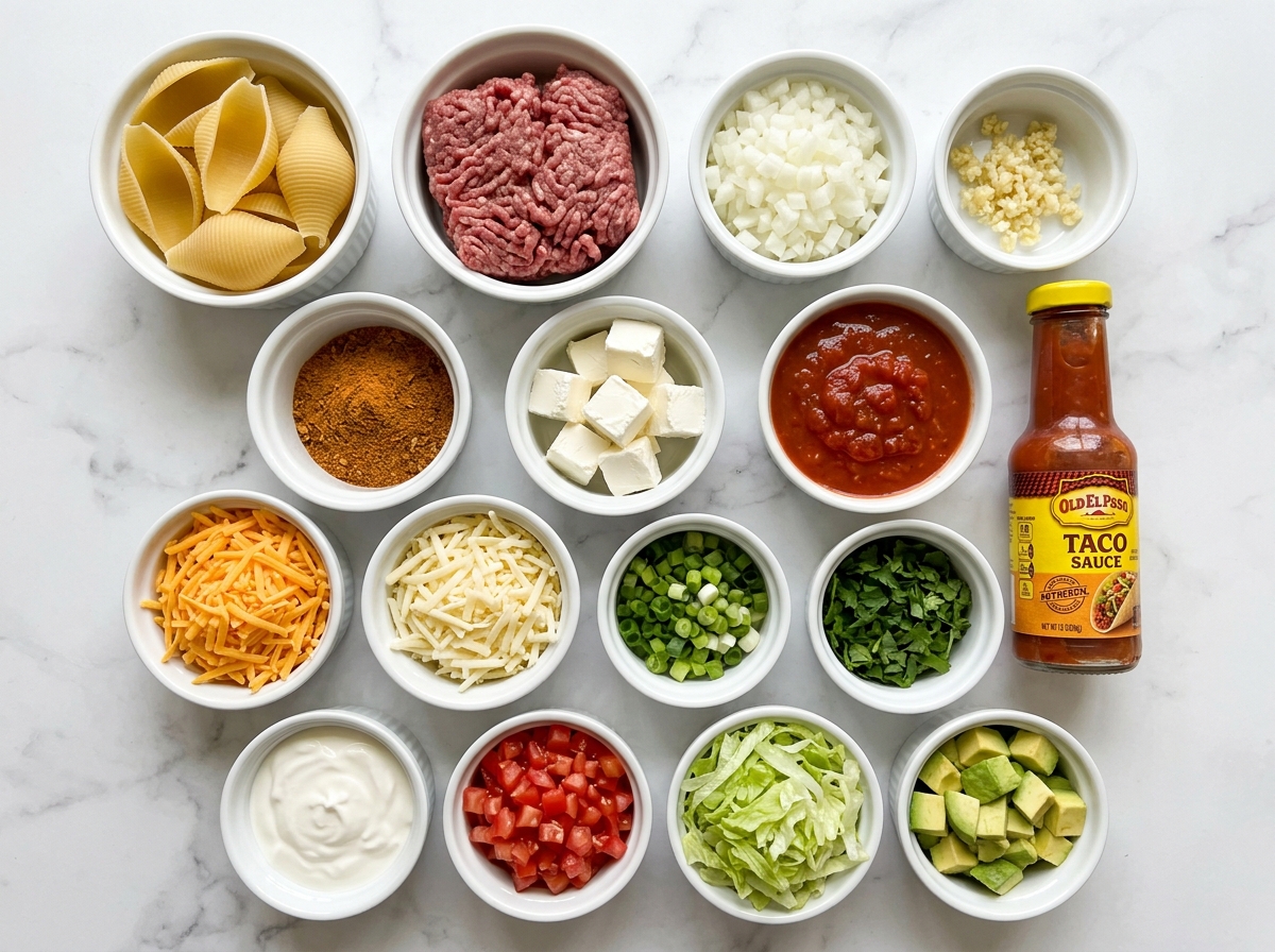 Ingredients for Mexican stuffed shells with beef, pasta, cheese, salsa, and toppings