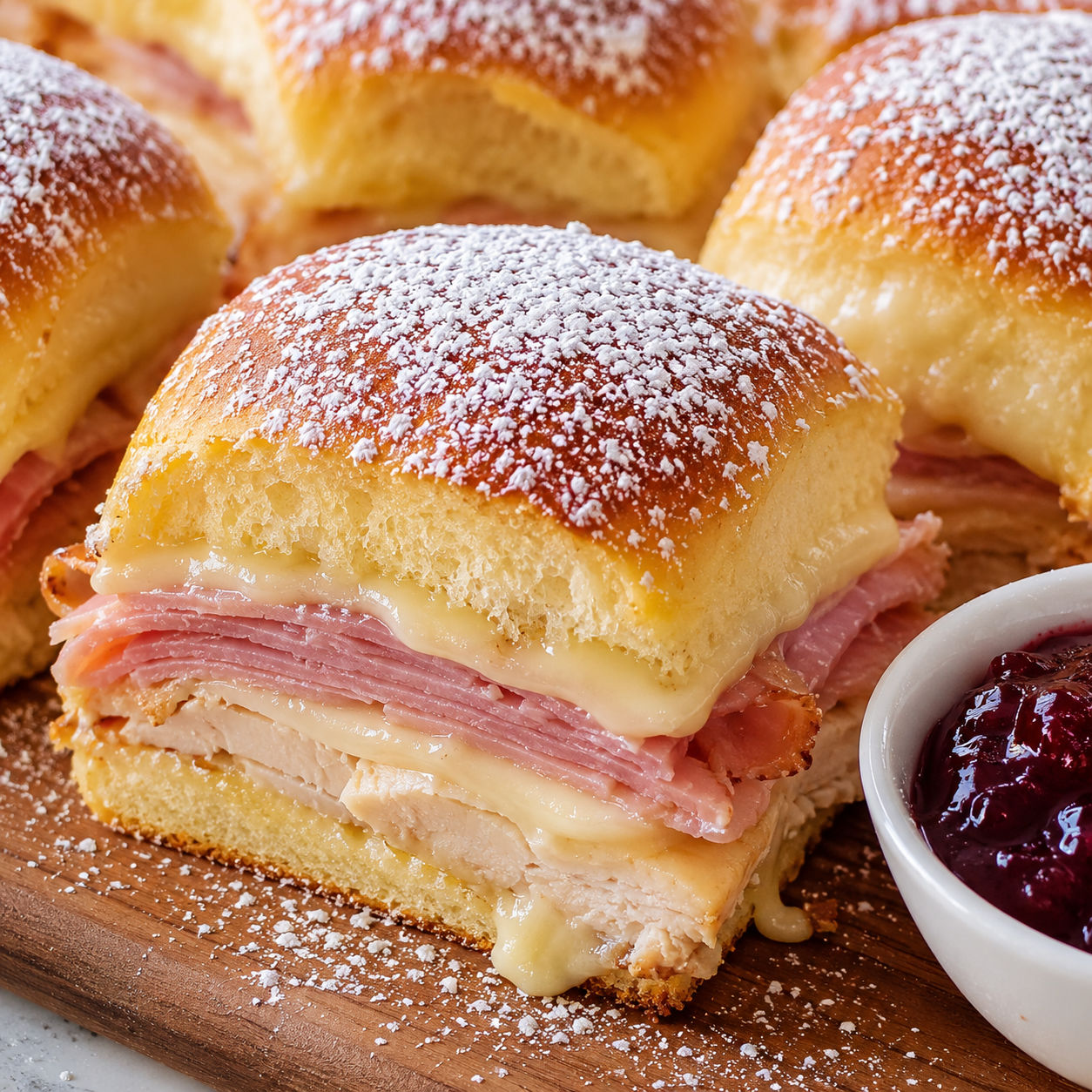 Baked Monte Cristo sliders dusted with powdered sugar and served with raspberry jam