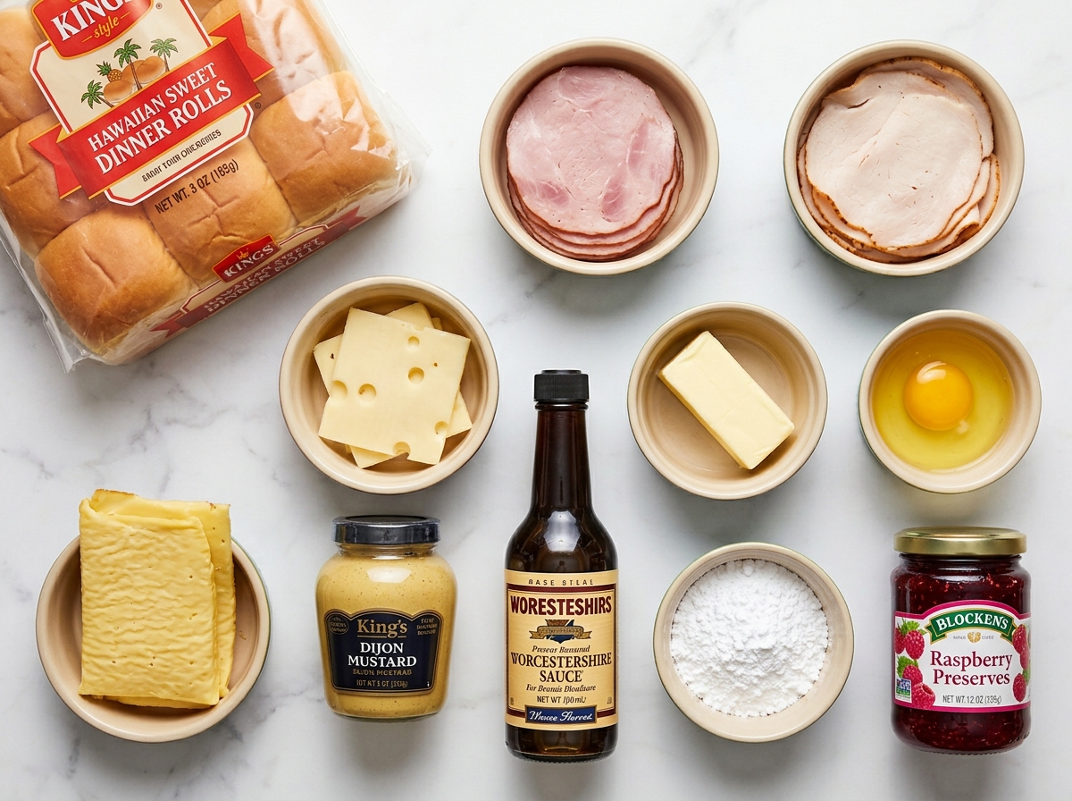 Raw ingredients for Monte Cristo sliders arranged on a wooden surface