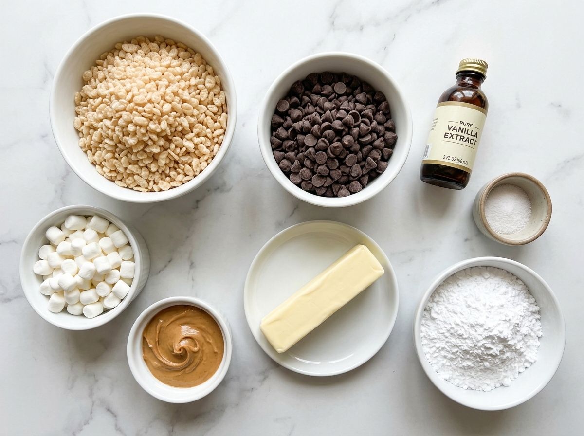 Ingredients for Muddy Buddy Rice Krispies on a light wood counter