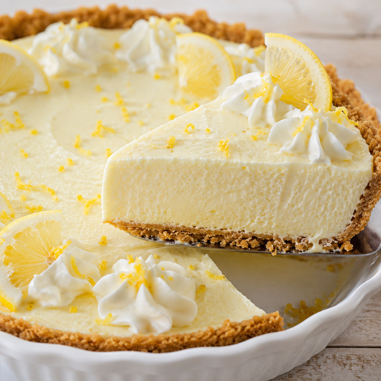 Lemonade pie with graham cracker crust, lemon slices, and whipped cream
