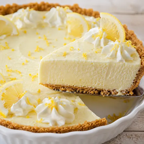 Lemonade pie with graham cracker crust, lemon slices, and whipped cream