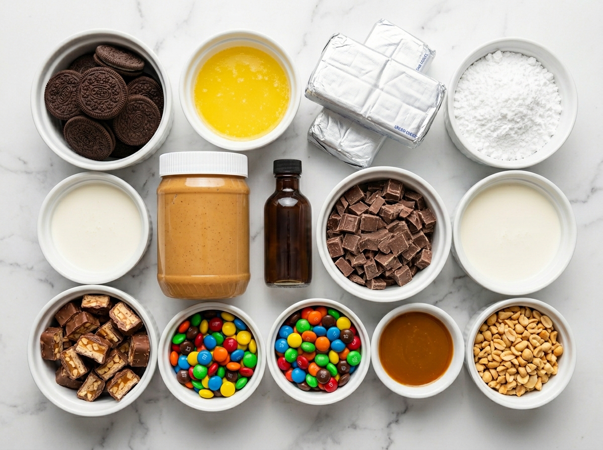 Ingredients for M&M Snickers cheesecake with cookies, cream cheese, candy, and caramel