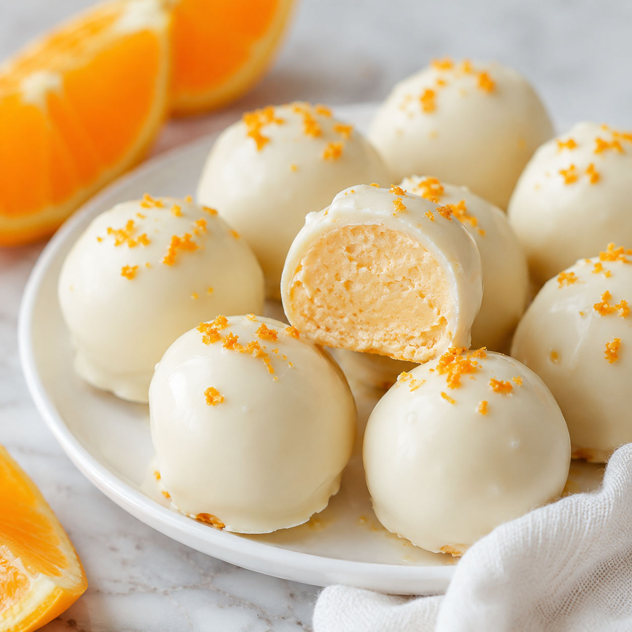 Orange creamsicle truffles with white chocolate coating and orange zest
