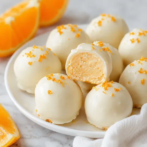 Orange creamsicle truffles with white chocolate coating and orange zest