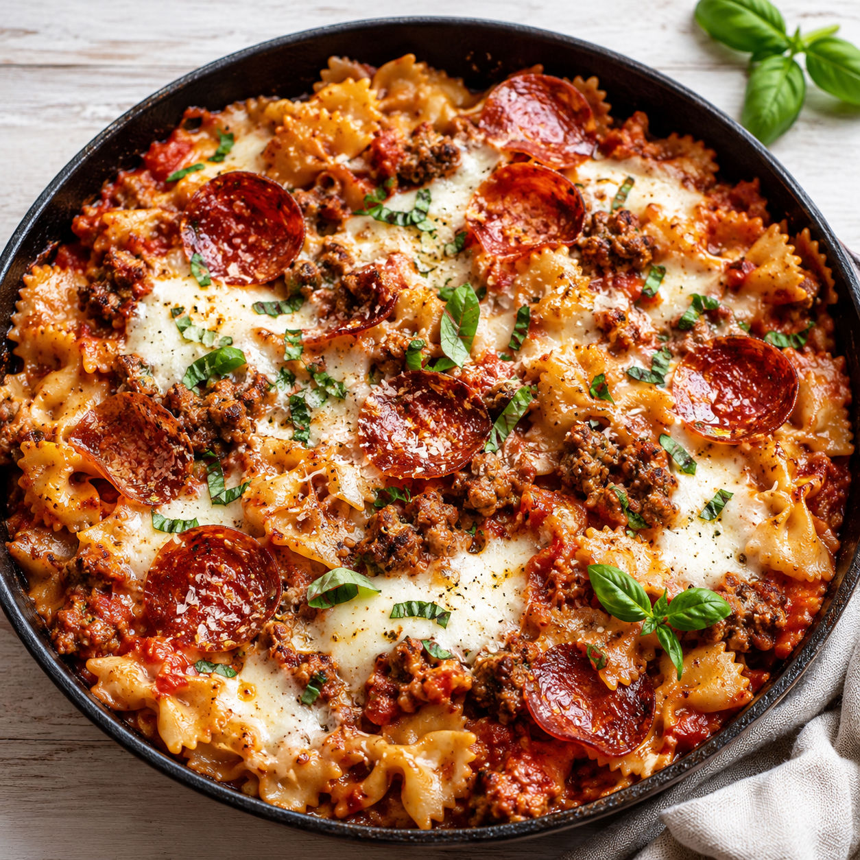 One pot pizza pasta bake with pepperoni, mozzarella, and basil in a skillet
