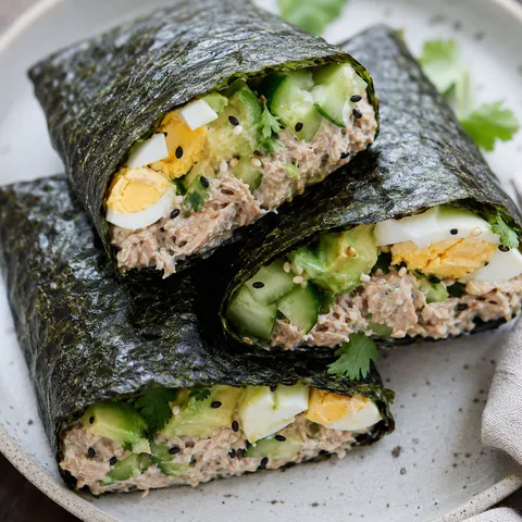 Paleo nori wraps with tuna, avocado, cucumber, egg, and sesame
