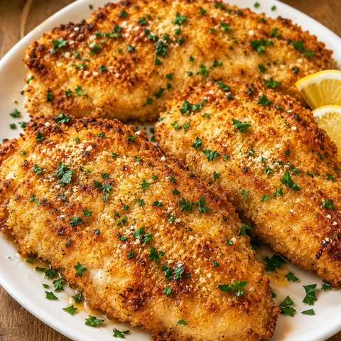 Delicious Parmesan Chicken with golden crust, parsley, and lemon