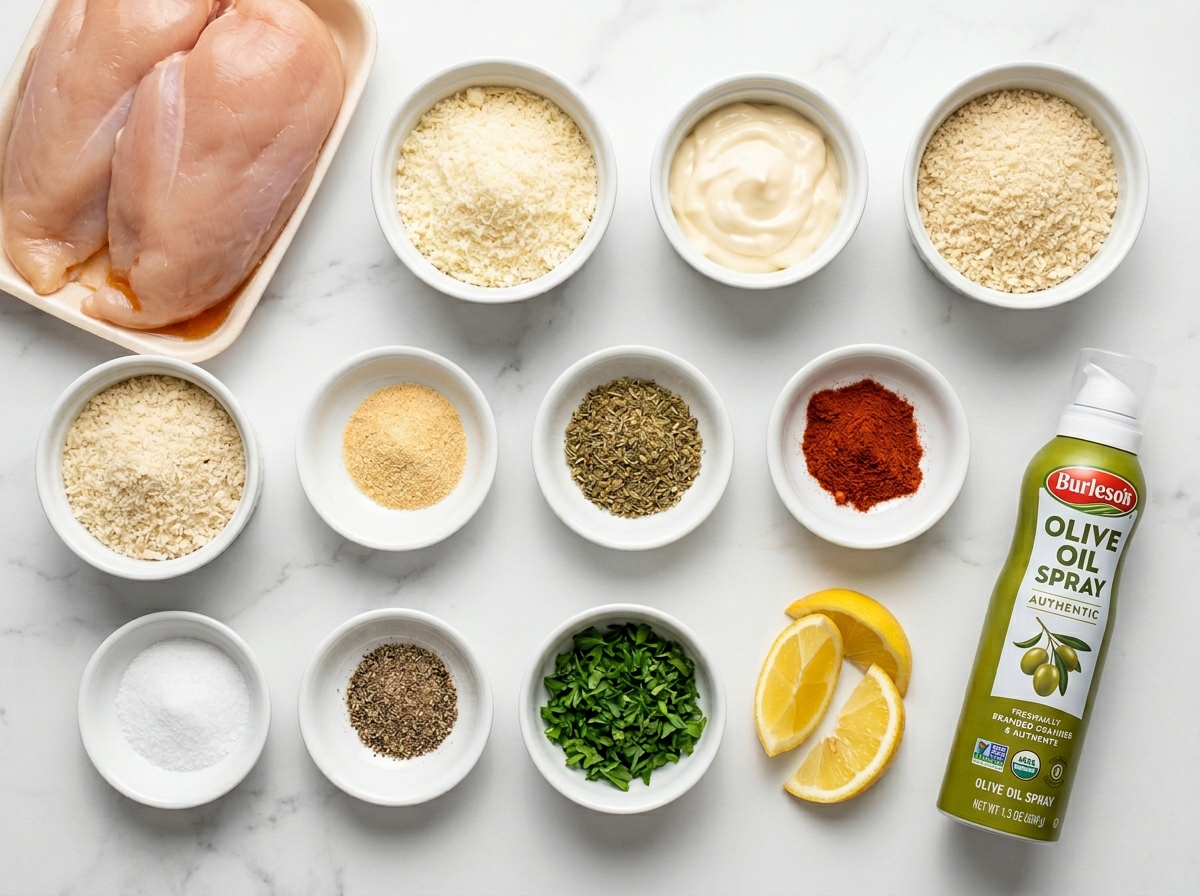 Ingredients for Parmesan chicken with chicken breasts, Parmesan, panko, and lemon