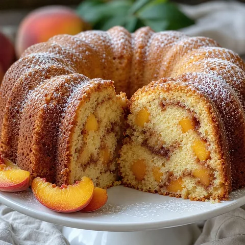 Peach buttermilk Bundt cake with powdered sugar and fresh peach slices