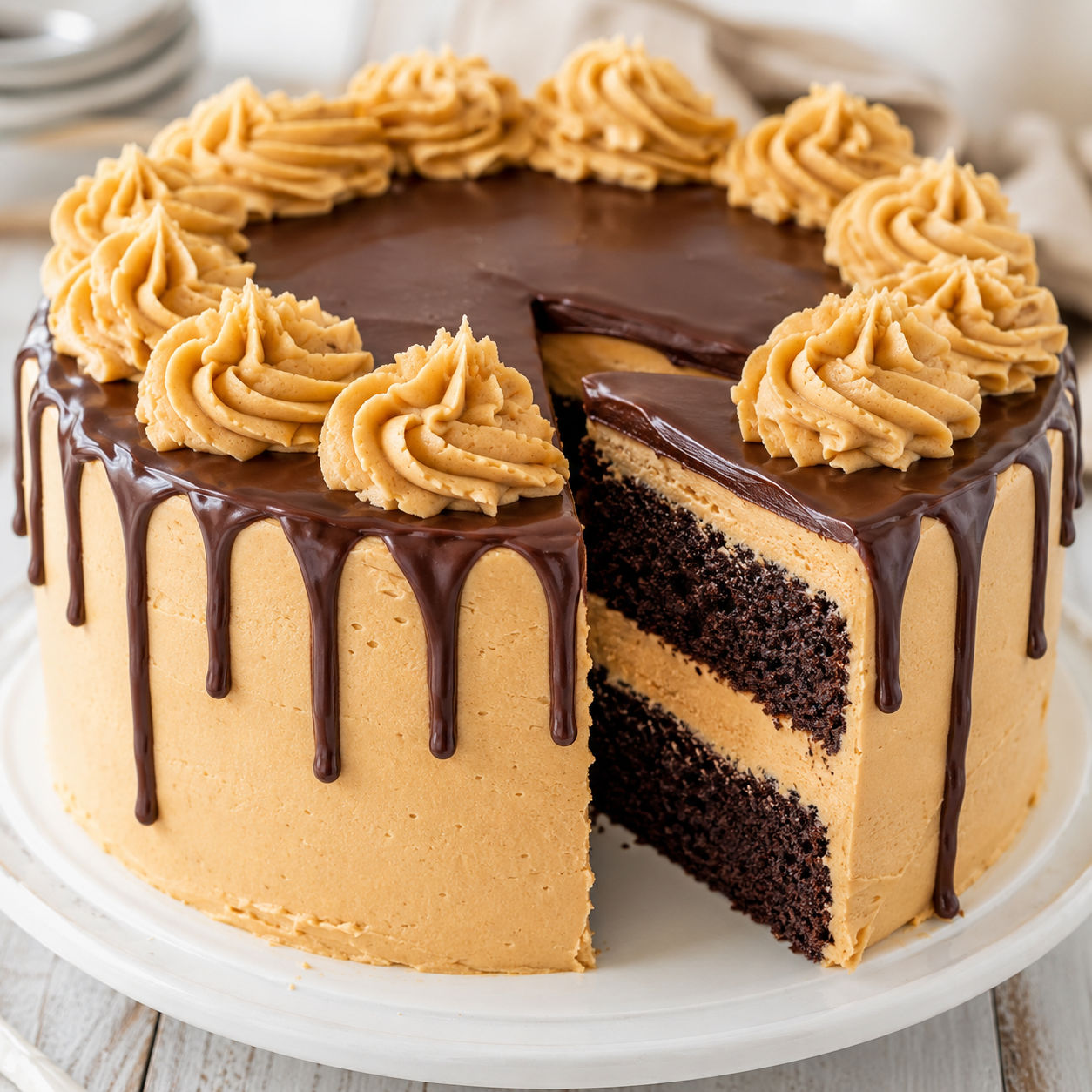 Peanut butter chocolate layer cake with ganache drip and creamy frosting
