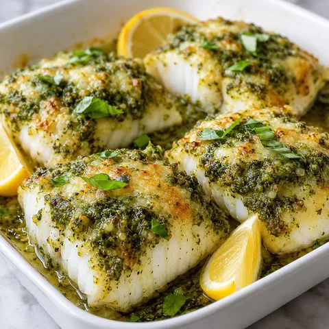 Pesto Parmesan baked cod with lemon wedges and fresh basil