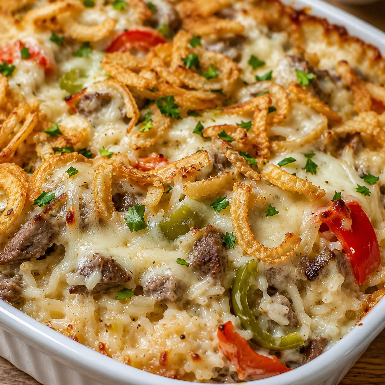 Philly cheesesteak Alfredo rice casserole with peppers and crispy onions