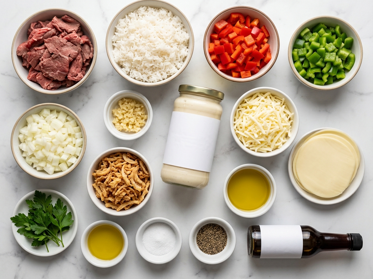 Ingredients for Philly cheesesteak Alfredo rice casserole on a wood surface