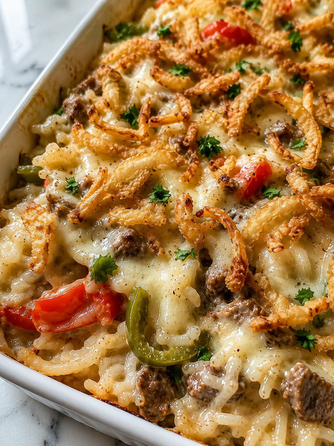 Delicious Philly Cheesesteak Alfredo Rice Casserole, plated and served