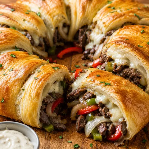Philly cheesesteak crescent ring with melted provolone and peppers