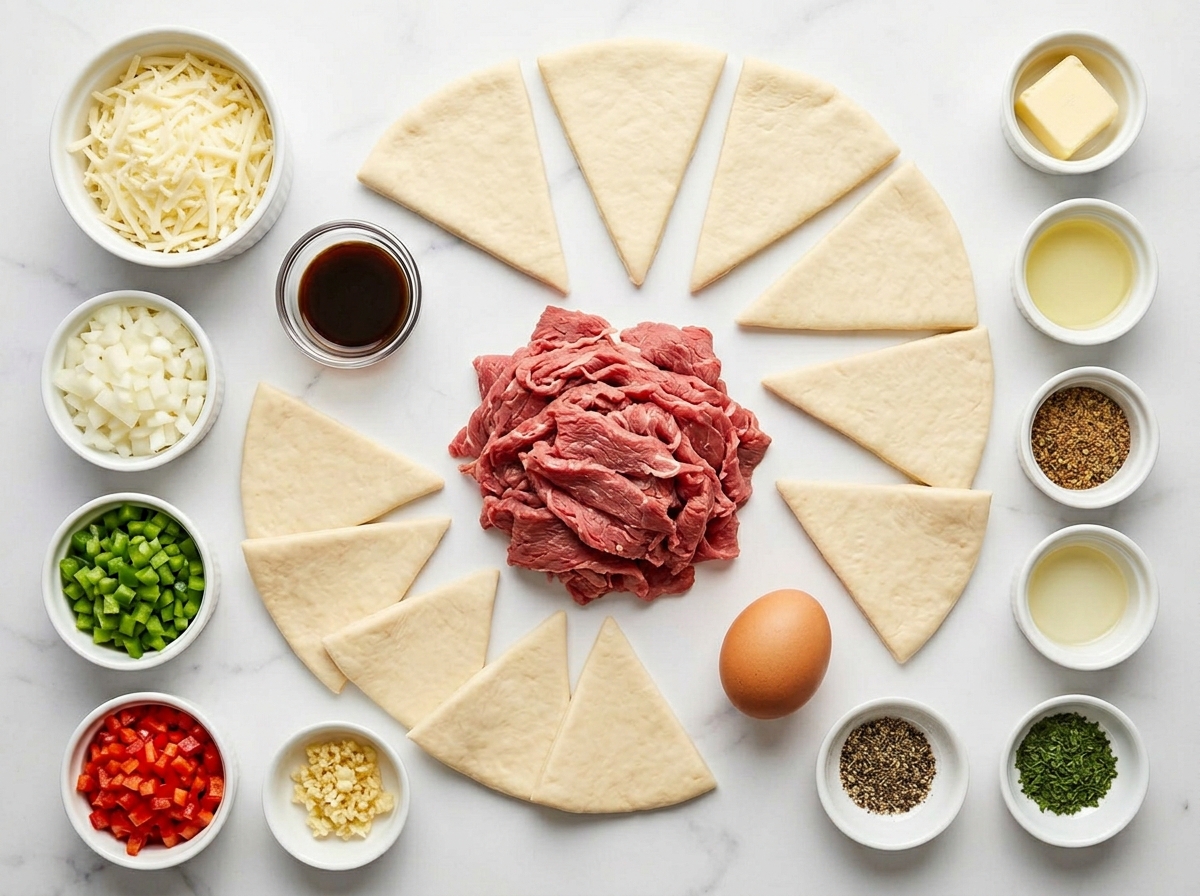Ingredients for Philly cheesesteak crescent ring on a kitchen counter