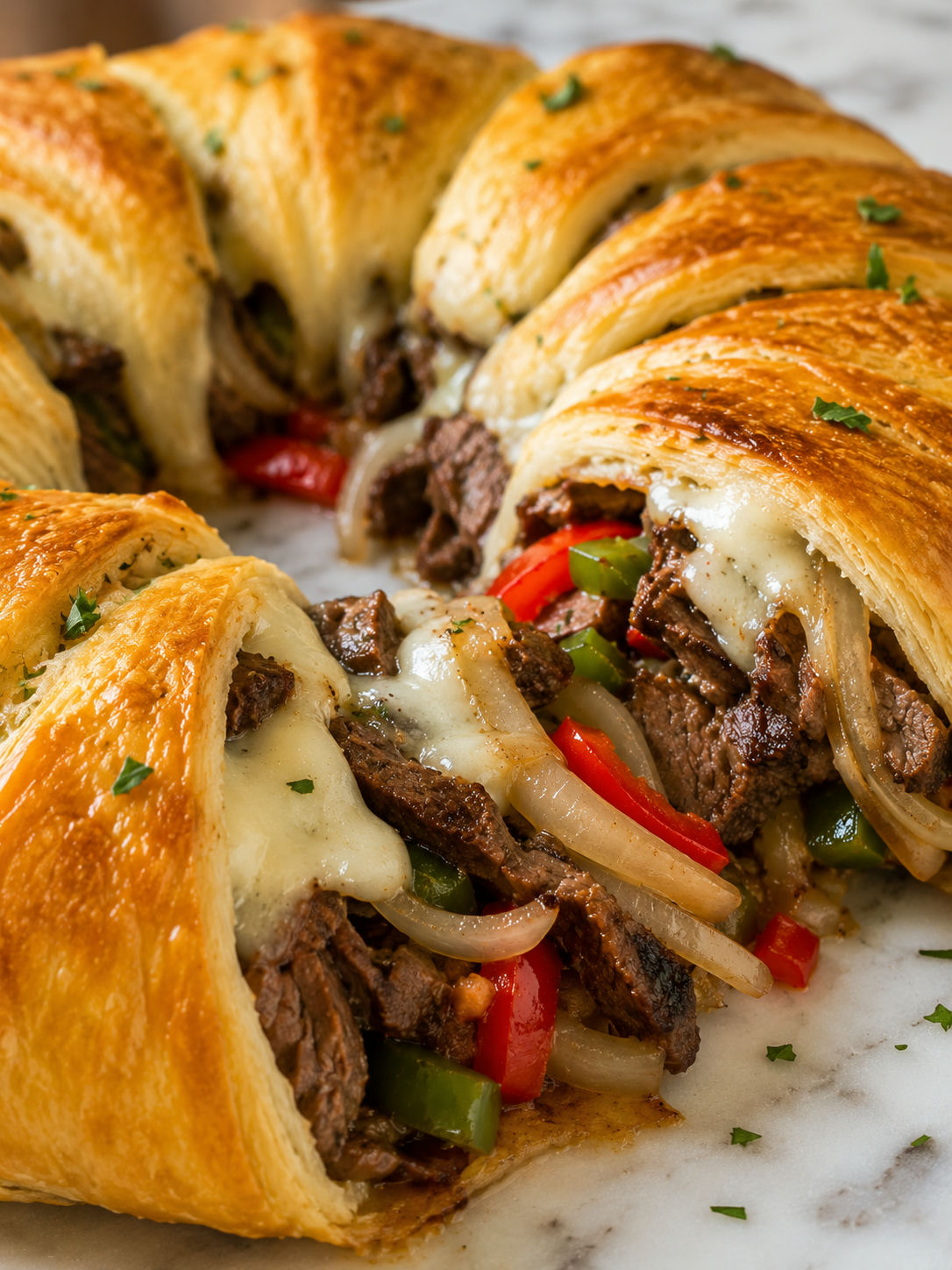 Delicious Philly Cheesesteak Crescent Ring, plated and served