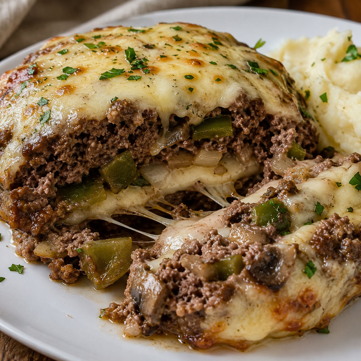 Philly cheesesteak meatloaf slices with melted provolone and peppers