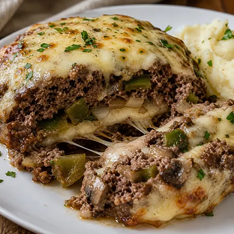 Philly cheesesteak meatloaf slices with melted provolone and peppers