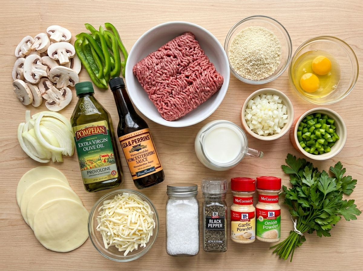 Ingredients for Philly cheesesteak meatloaf with beef, peppers, mushrooms, and cheese