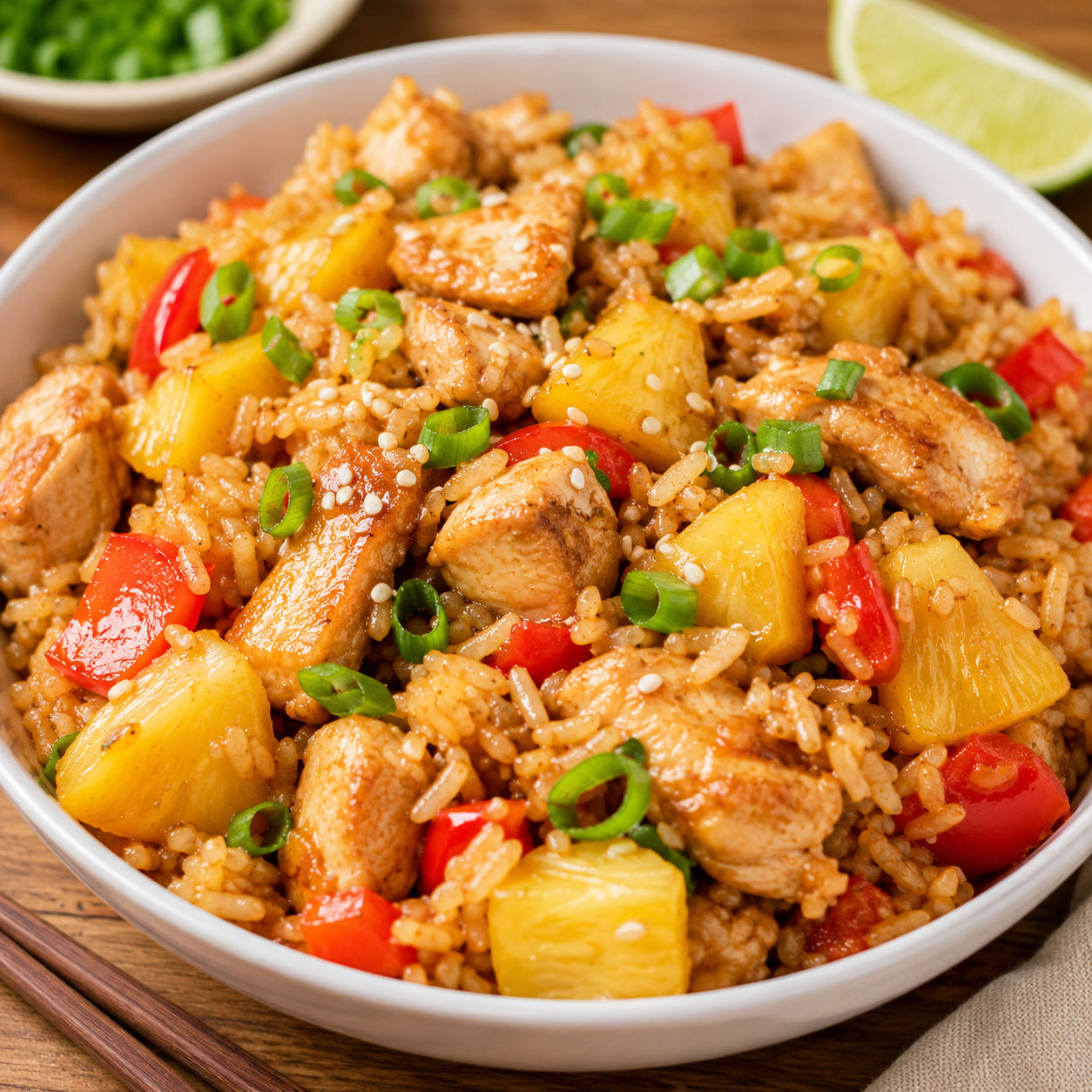 Pineapple chicken and rice with bell pepper, scallions, and sesame