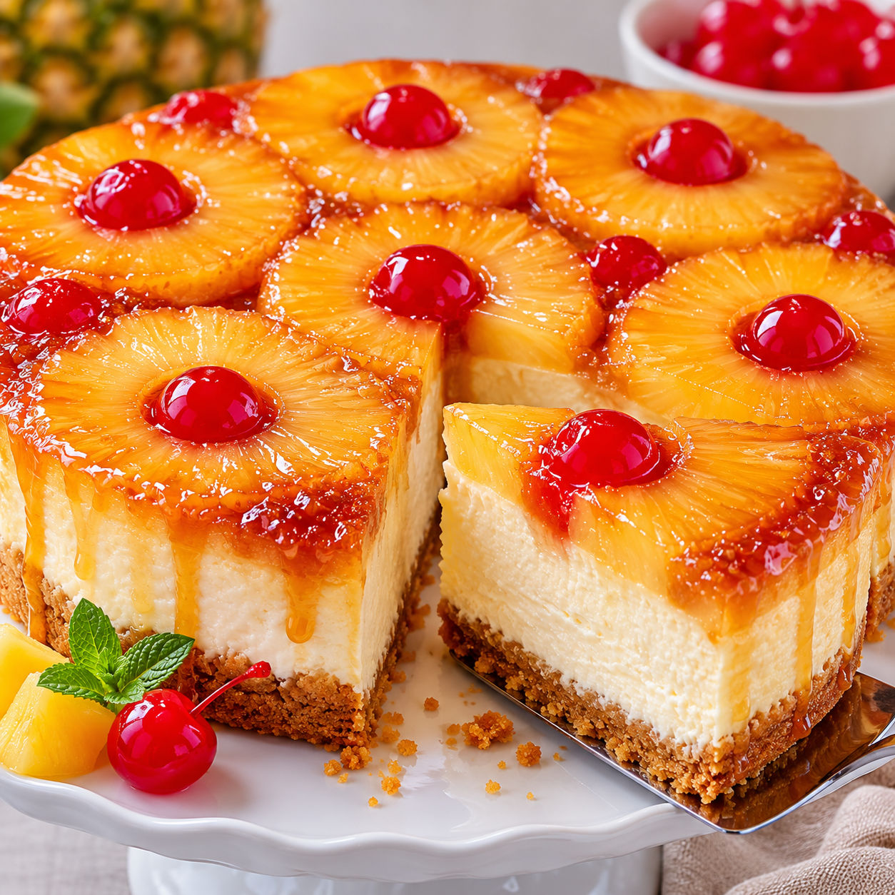Pineapple upside-down cheesecake with caramel rings and cherries