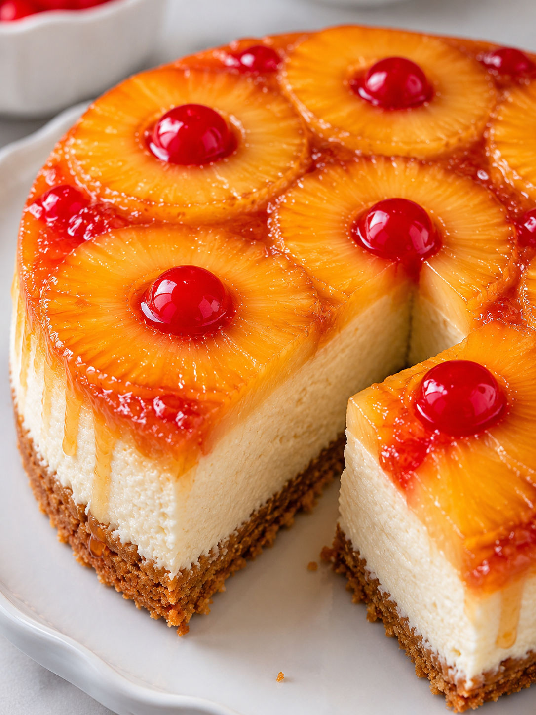 Delicious Pineapple Upside-Down Cheesecake, plated and served