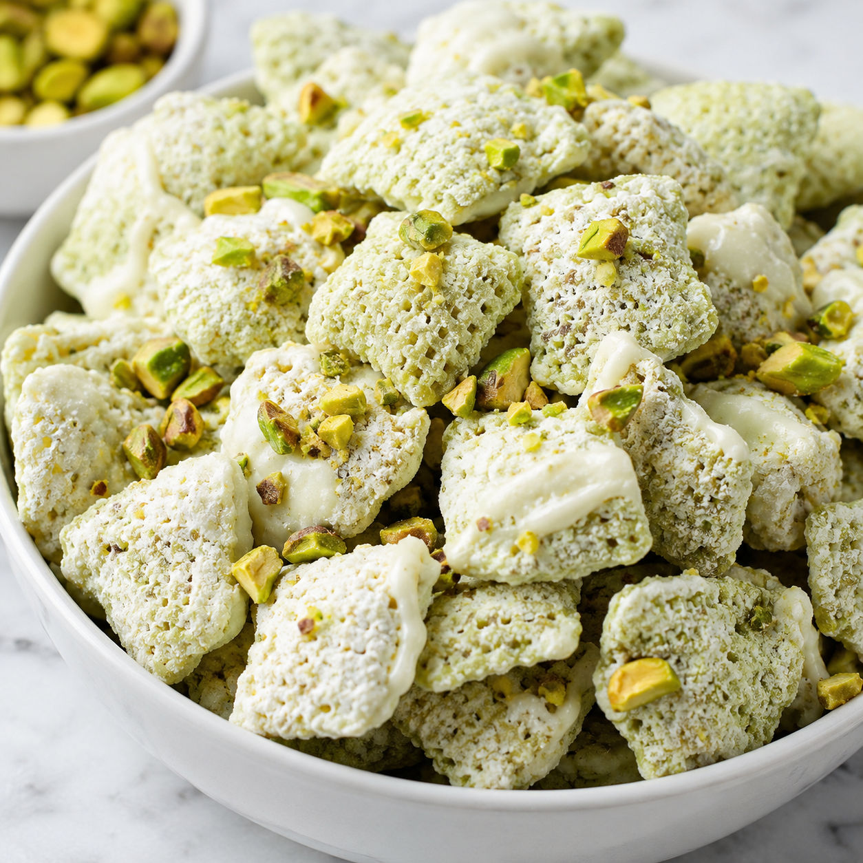 Pistachio puppy chow with powdered sugar and chopped pistachios in a bowl