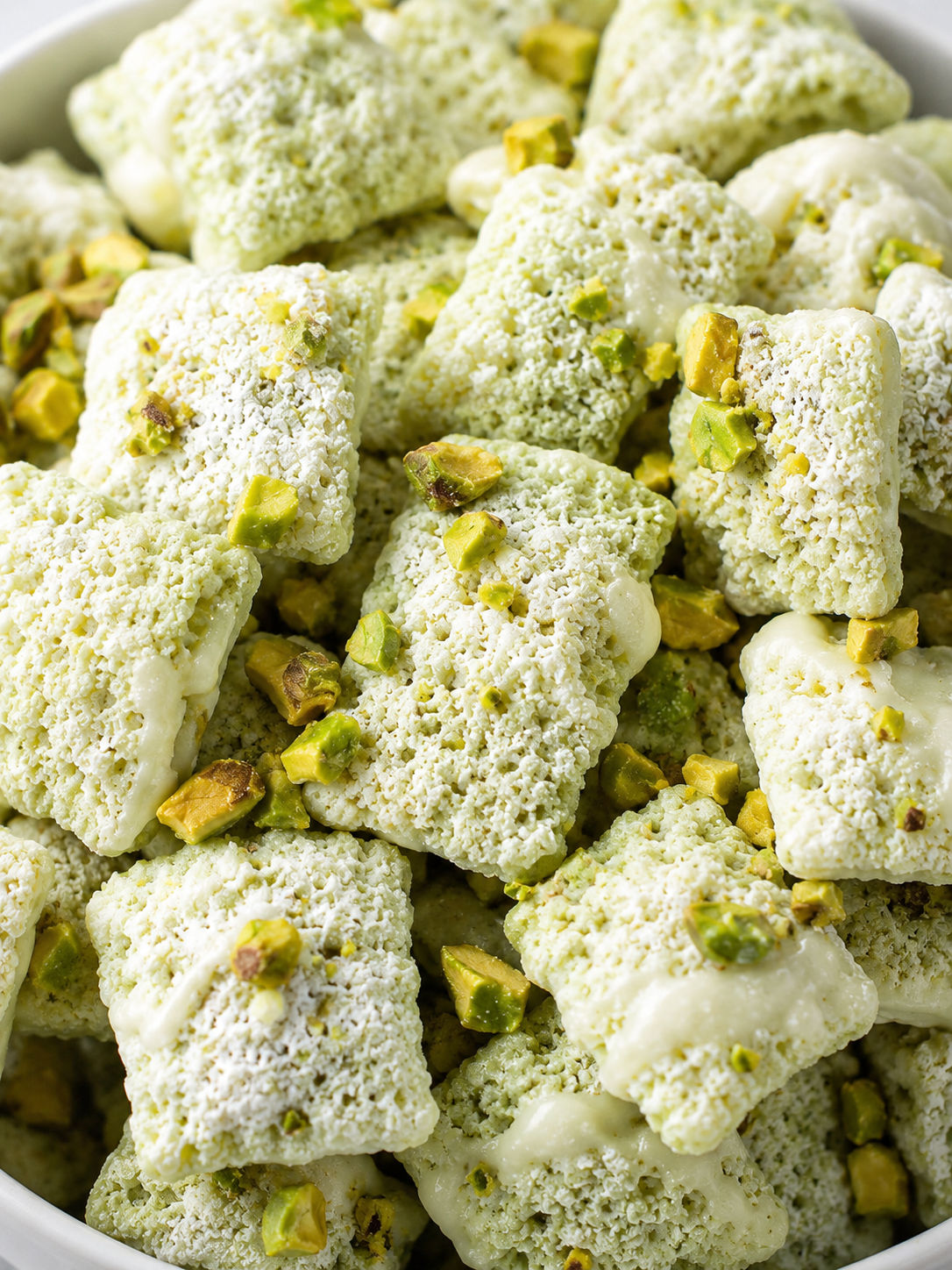 Delicious Pistachio Puppy Chow, plated and served