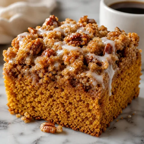 Slice of pumpkin coffee cake with cinnamon streusel and vanilla glaze on marble