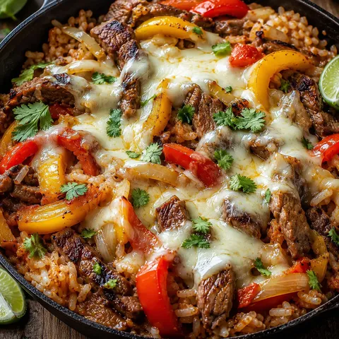 Queso steak fajita skillet with rice, peppers, cilantro, and lime