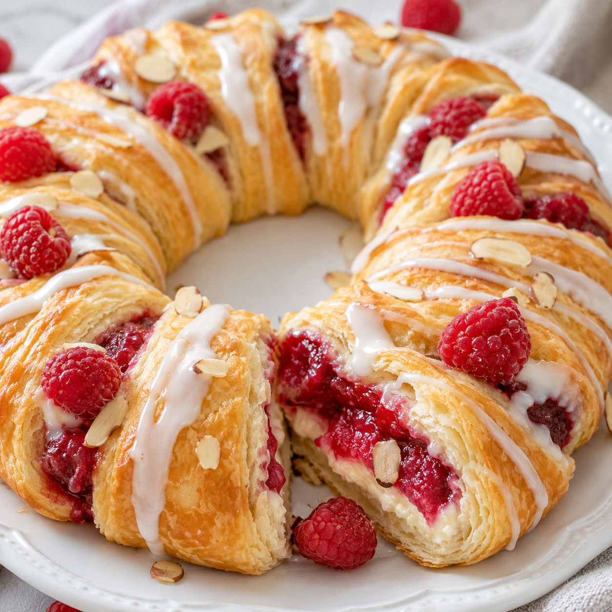 Raspberry cream cheese crescent ring with glaze and fresh raspberries