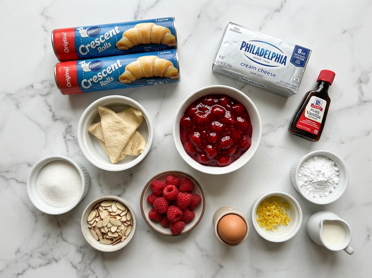 Ingredients for raspberry cream cheese crescent ring on a marble counter