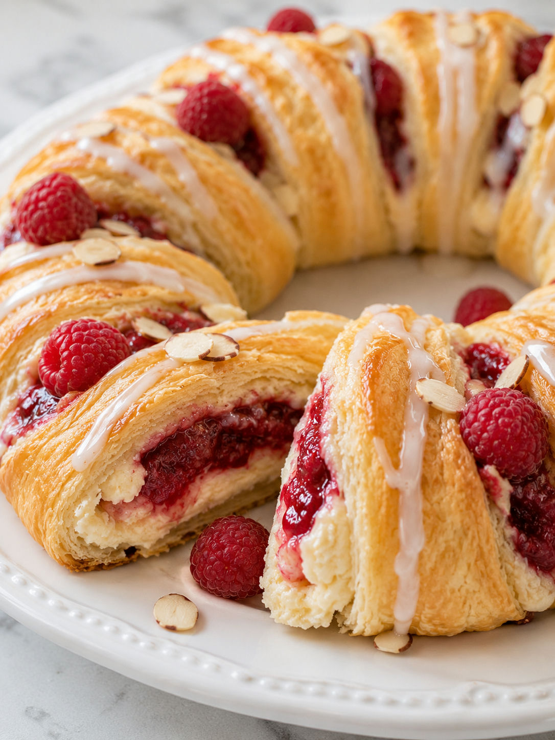Delicious Raspberry Cream Cheese Crescent Ring, plated and served