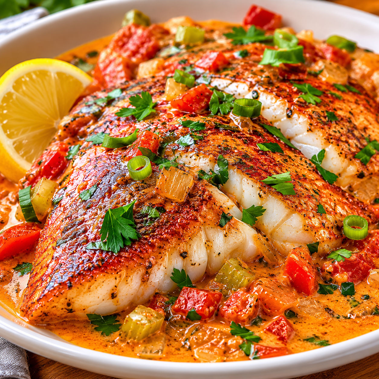 Red snapper with creamy Creole sauce, parsley, scallions, and lemon
