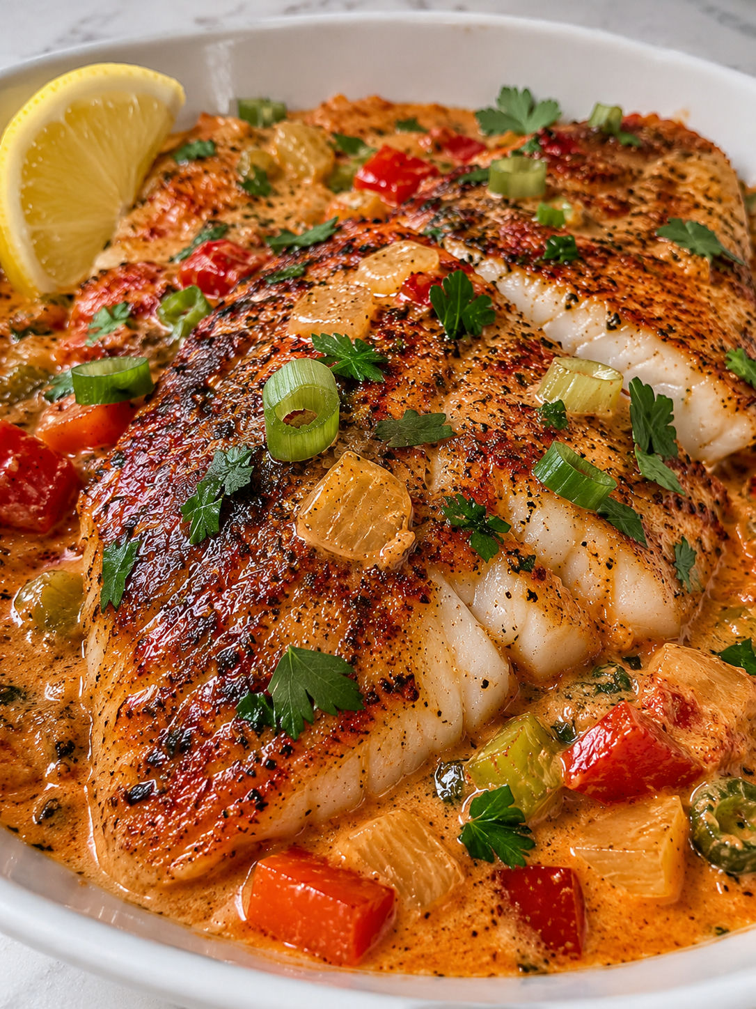 Delicious Red Snapper with Creamy Creole Sauce, plated and served