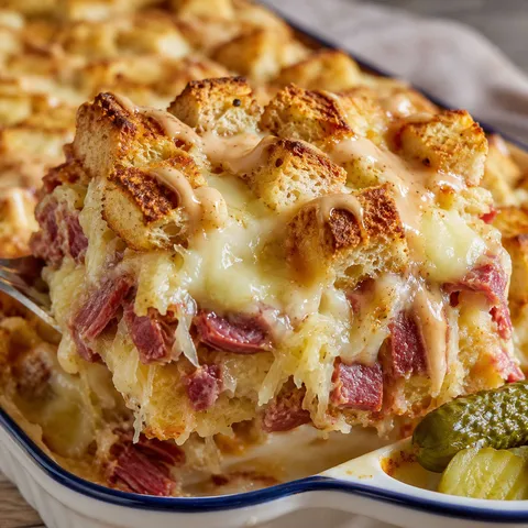 Reuben bake with corned beef, sauerkraut, Swiss, and toasted rye