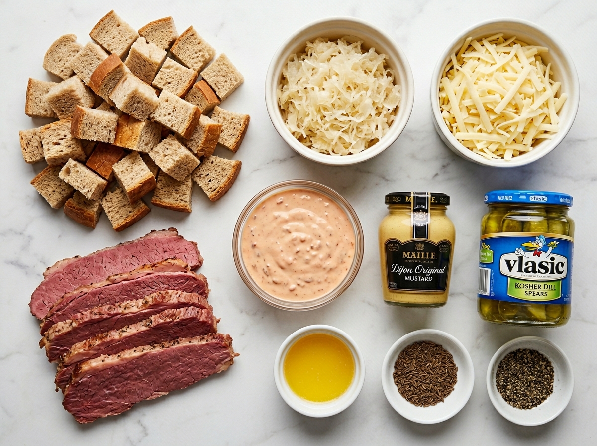 Ingredients for Reuben bake with rye, corned beef, sauerkraut, and Swiss