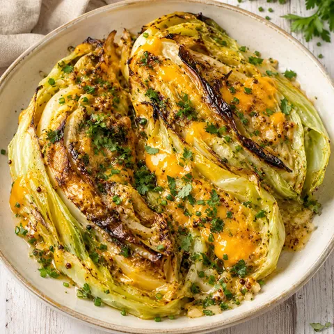 Roasted cabbage wedges with Irish mustard butter, cheddar, and chives
