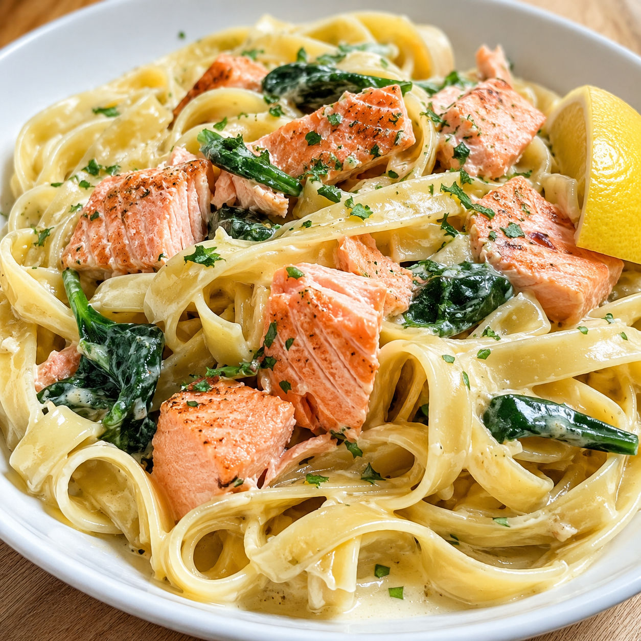 Salmon fettuccine Alfredo with spinach, parsley, and lemon in a white bowl