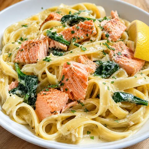 Salmon fettuccine Alfredo with spinach, parsley, and lemon in a white bowl