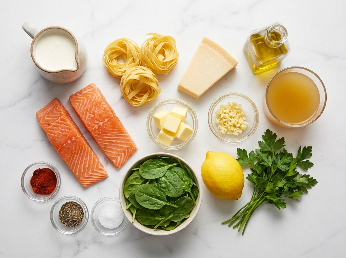 Raw salmon, fettuccine, cream, parmesan, spinach, lemon, and garlic