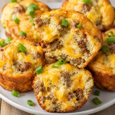 Sausage egg and cheddar Bisquick muffins on a white plate