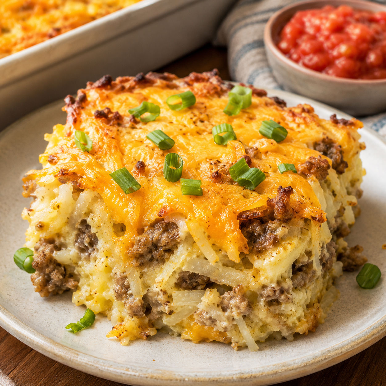 Sausage hashbrown casserole slice with melted cheddar and green onions