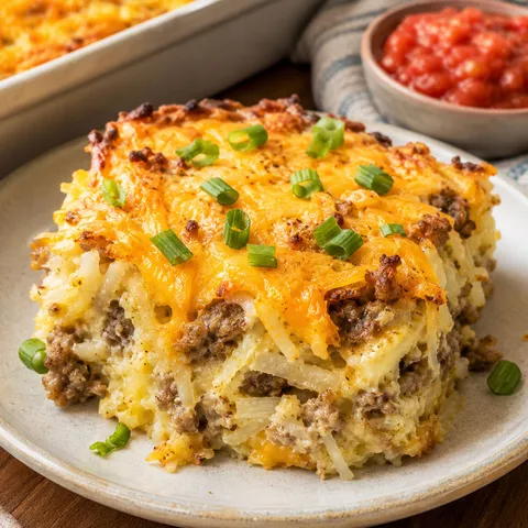 Sausage hashbrown casserole slice with melted cheddar and green onions